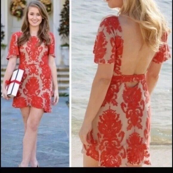 For Love & Lemons San Marcos Coquette fFloral Lace Mini Dress in Red Orange Sz S - Picture 9 of 16